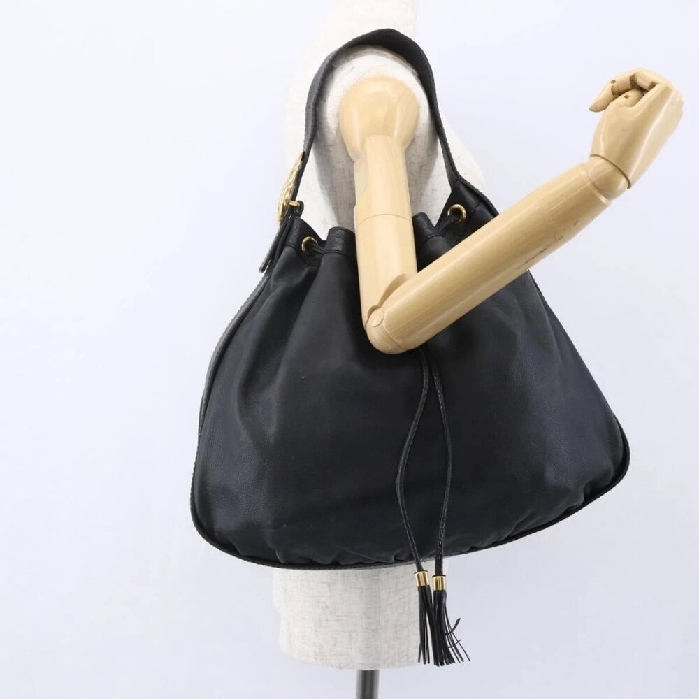 GUCCI Interlocking Shoulder Bag Leather Black Gold